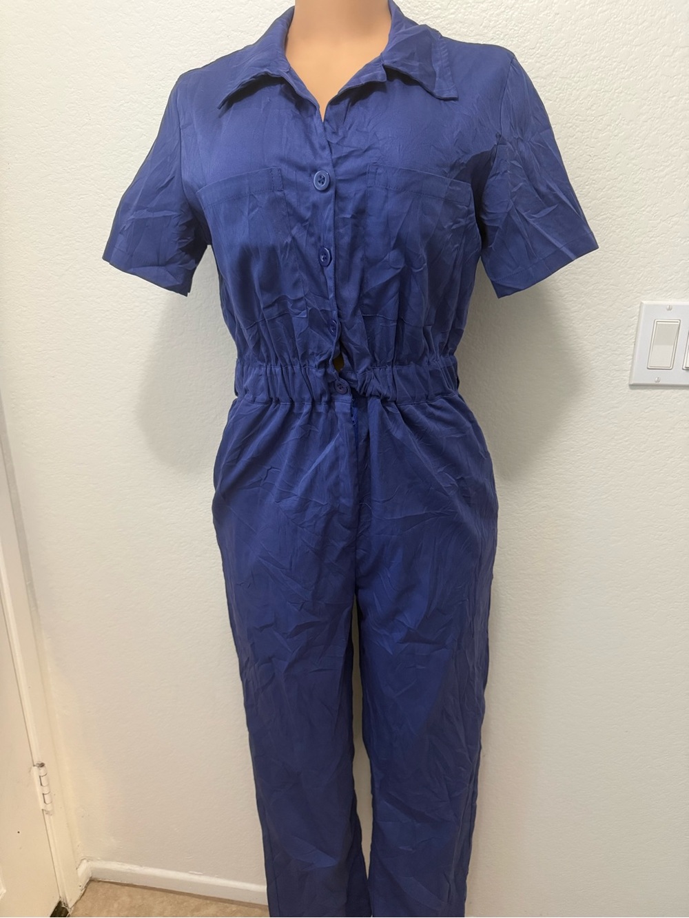 Women’s Short-Sleeve Button-Front Jumpsuit in Deep Blue